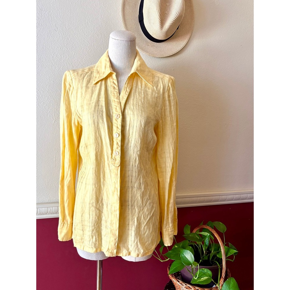 JM Collection Yellow 100% Linen Shirt Roll Tab Sleeve‎ 6 Button Down Lightweight